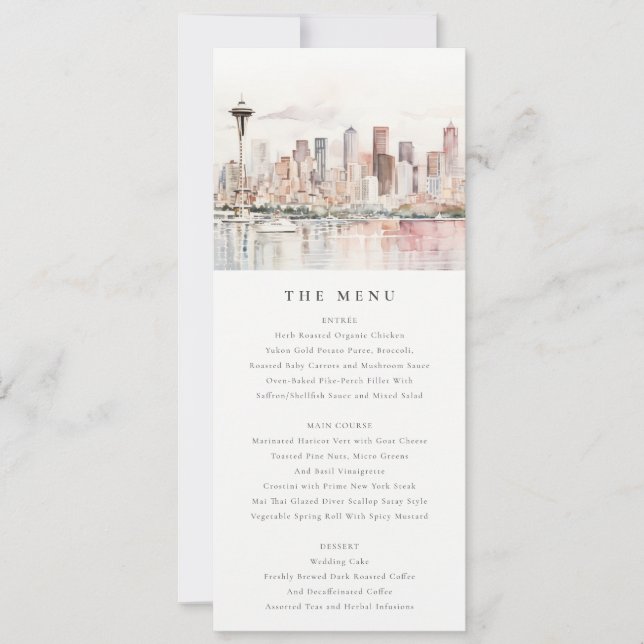 Seattle Washington Watercolor Scape Wedding Menu Invitation (Front)