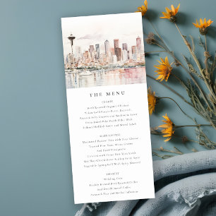 Seattle Washington Watercolor Scape Wedding Menu Invitation