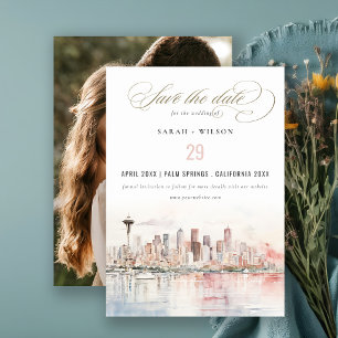 Seattle Washington Watercolor Scape Wedding Photo Save The Date