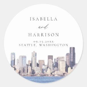 Seattle Washington Watercolor Skyline Destination Classic Round Sticker