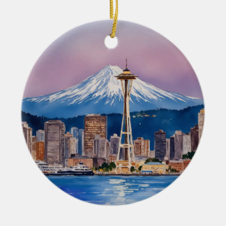 Seattle Washington Watercolor Souvenir Ceramic Tree Decoration