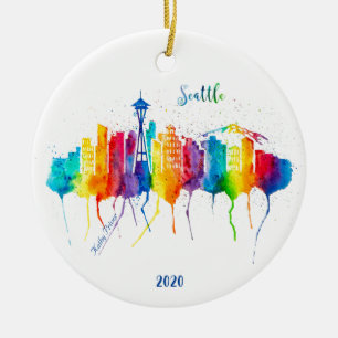 Seattle watercolor Christmas ornament