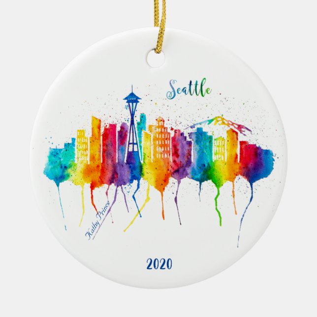 Seattle watercolor Christmas ornament (Front)