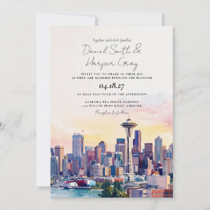 SEATTLE Watercolor Skyline Destination Wedding Invitation