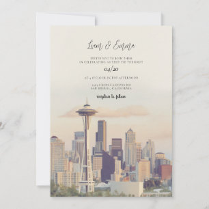 Seattle Watercolor Skyline Destination Wedding Invitation