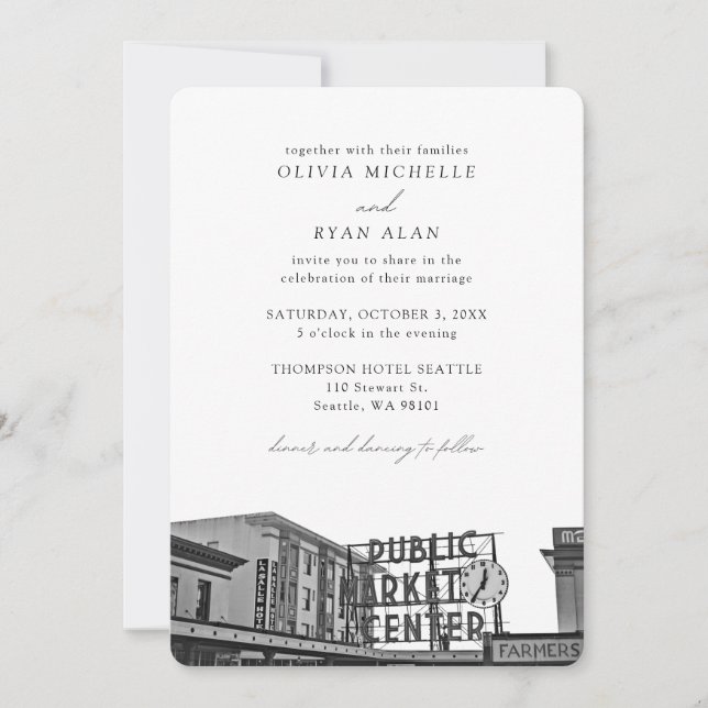 Seattle Wedding Custom Pikes Place Photo Invitation (Front)