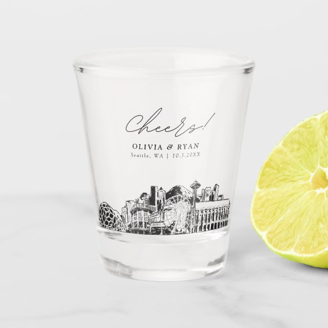 Seattle Wedding Favour Personalised Cheers Shot Glass (Front)