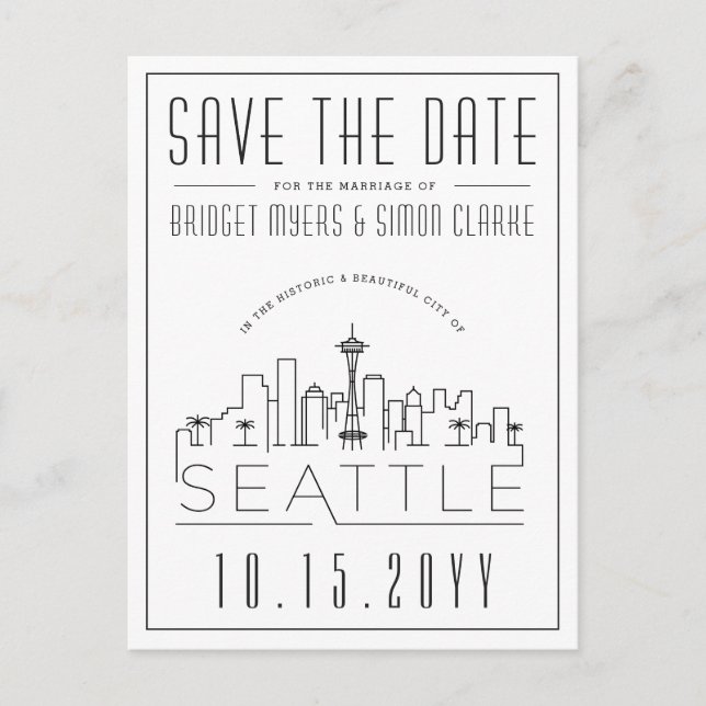Seattle Wedding | Stylised Skyline Save the Date Postcard (Front)