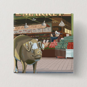 SeattleFish Toss and Bronze Pig at Pike Place 15 Cm Square Badge