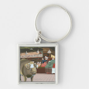 SeattleFish Toss and Bronze Pig at Pike Place Key Ring