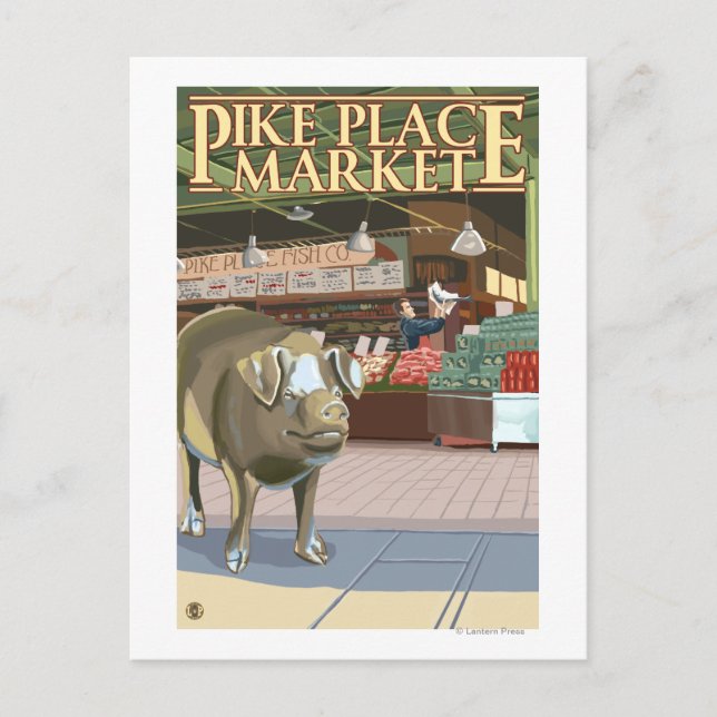 SeattleFish Toss and Bronze Pig at Pike Place Postcard (Front)