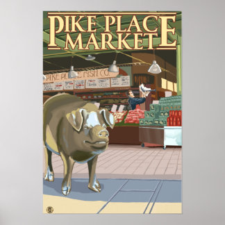 SeattleFish Toss and Bronze Pig at Pike Place Poster