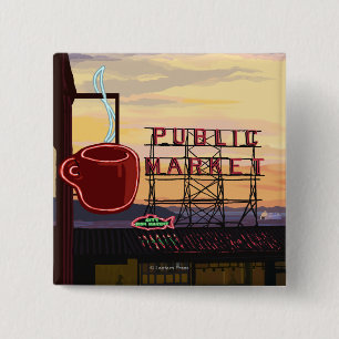 SeattlePike Place Market Sign and Water View 15 Cm Square Badge