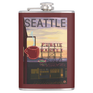 SeattlePike Place Market Sign and Water View Hip Flask