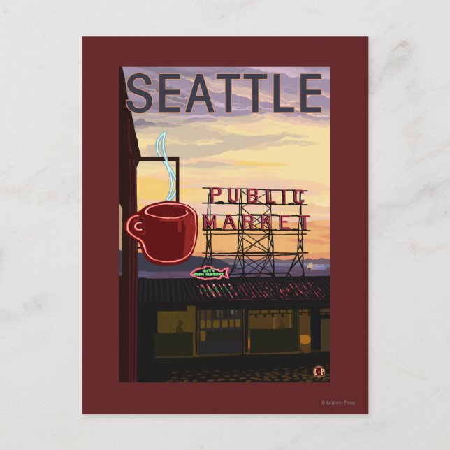 SeattlePike Place Market Sign and Water View Postcard (Front)