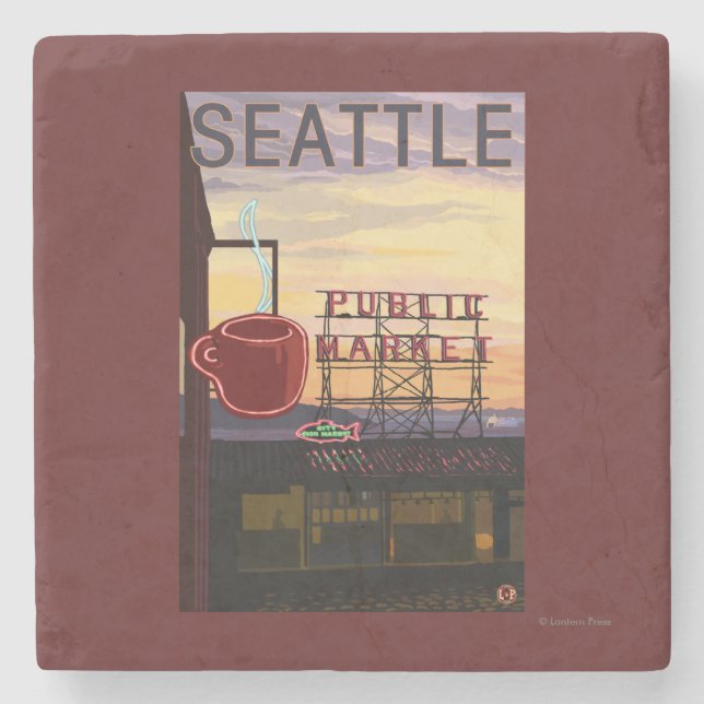 SeattlePike Place Market Sign and Water View Stone Coaster (Front)