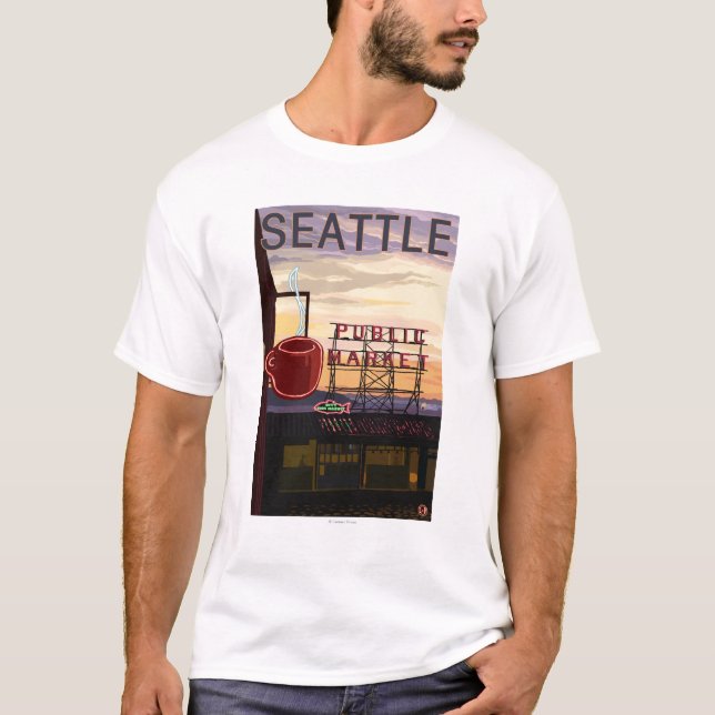 SeattlePike Place Market Sign and Water View T-Shirt (Front)