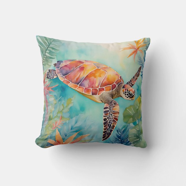 Seaturtle Watercolor Tropical Coastal Sealife Cushion (Front)