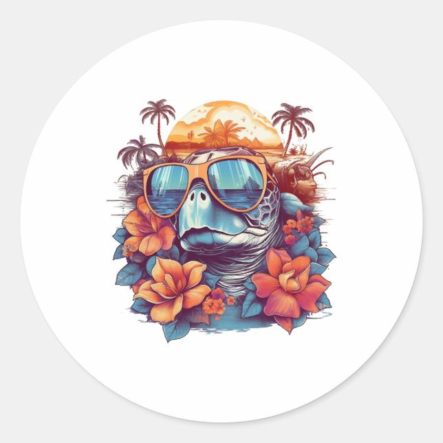Seaturtle with sunglasses at the beach Copy Classic Round Sticker (Front)