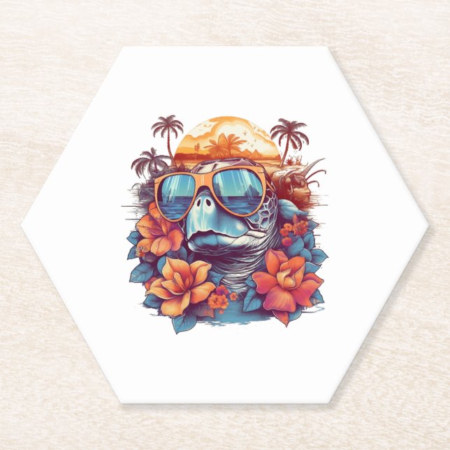Seaturtle with sunglasses at the beach Copy Paper Coaster (Front)
