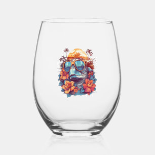 Seaturtle with sunglasses at the beach stemless wine glass