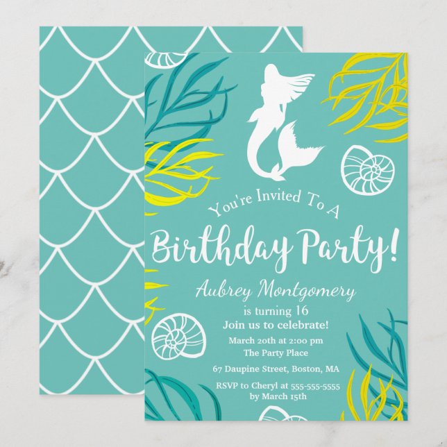 Seaweed & Seashells Mermaid Birthday Invitation (Front/Back)