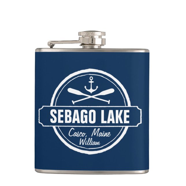 SEBAGO LAKE MAINE PERSONALIZED TOWN AND NAME HIP FLASK (Front)