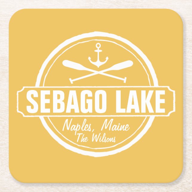 SEBAGO LAKE MAINE PERSONALIZED TOWN AND NAME SQUARE PAPER COASTER (Front)
