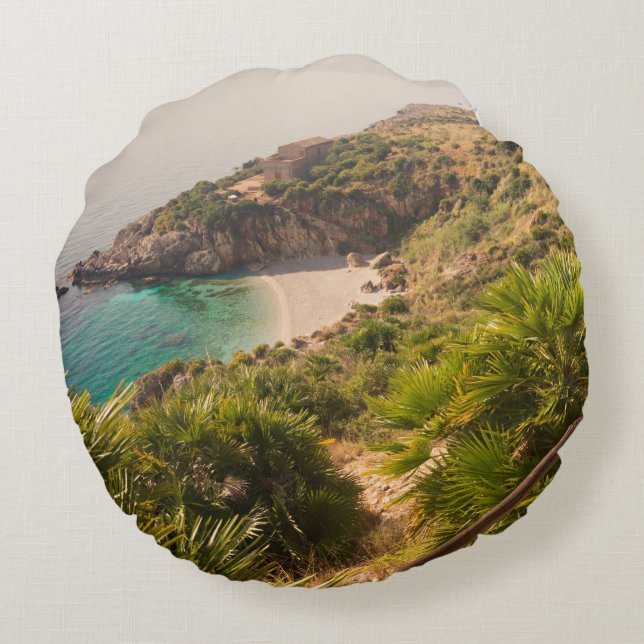 Secluded beach in Lo Zingaro, Sicily Round Cushion (Back)