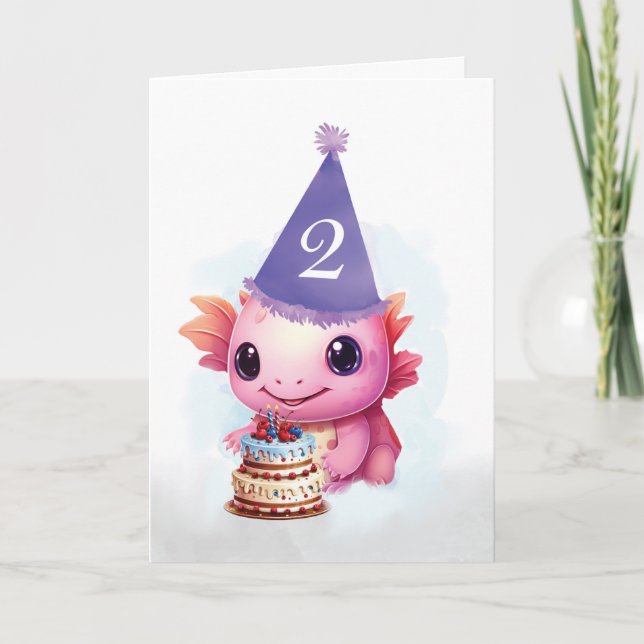 Second 2nd Birthday Cute Pink Axolotl Card (Front)