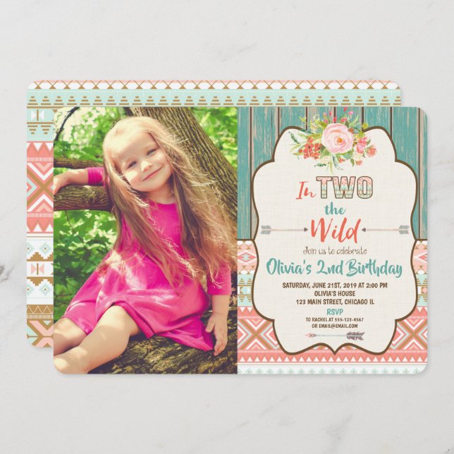 Second 2nd birthday invitations girl two wild (Front/Back)