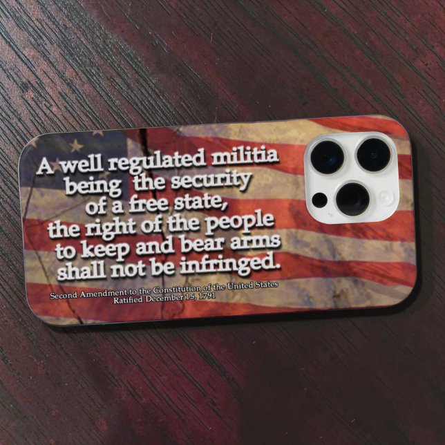 Second Amendment Typography Rustic US Flag iPhone Case (Phone case with second amendment text over rustic wood flag )