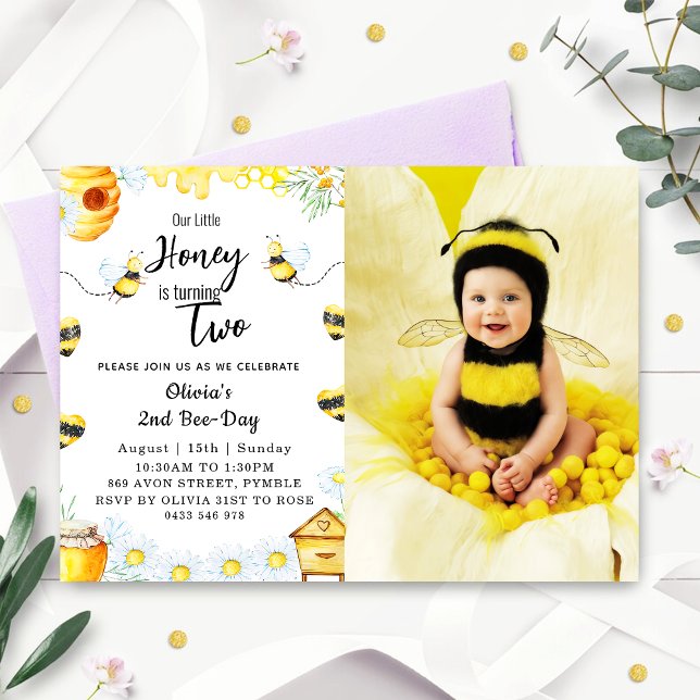 Second Bee Day Our Little Honey is Two Bee Photo Invitation (Creator Uploaded)