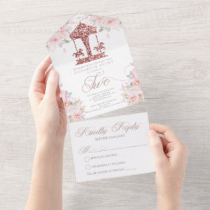 Second Birthday Carousel Floral Glitter All In One Invitation