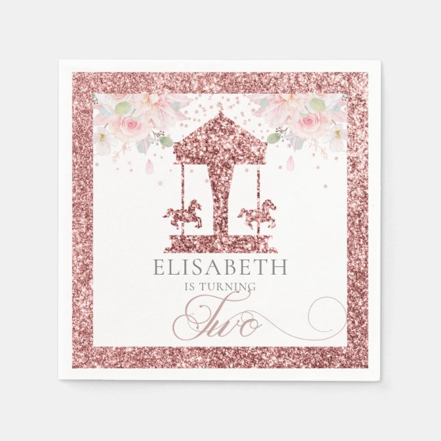 Second Birthday Carousel Floral Glitter Napkin (Front)