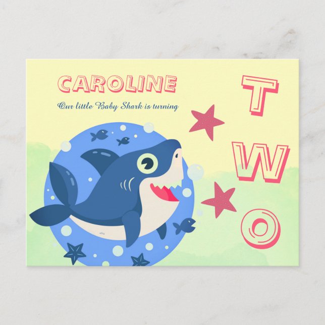 Second birthday cute baby shark ocean yellow green invitation postcard (Front)