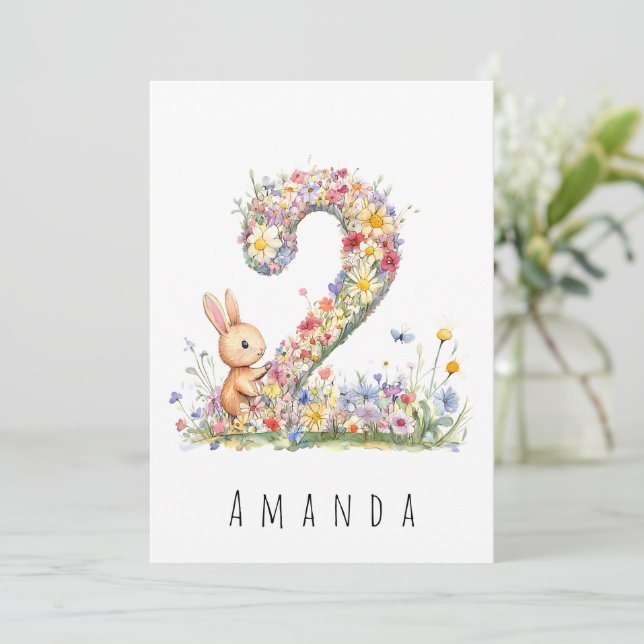 Second Birthday Floral Two & Bunny Card (Standing Front)