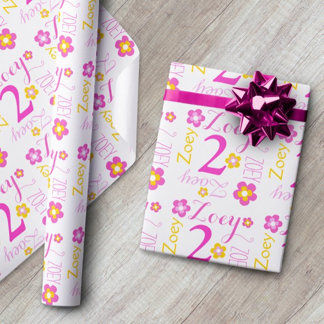 Second birthday flower custom name gift wrap (Creator Uploaded)