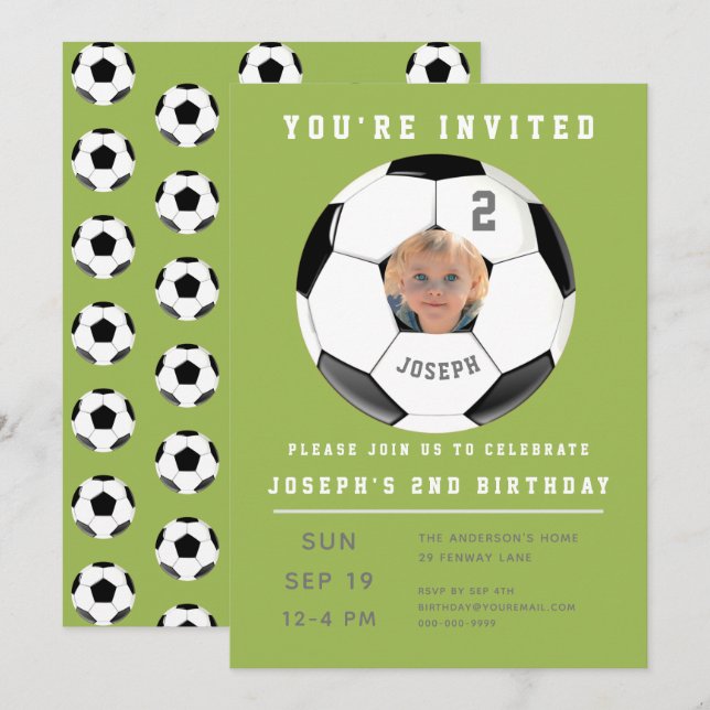 Second Birthday Green Photo Soccer Invitation (Front/Back)