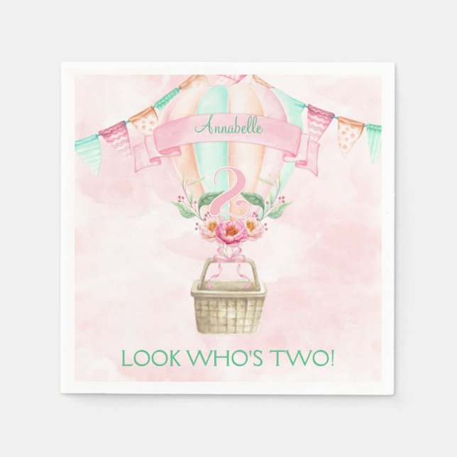 Second Birthday Hot Air Balloon Mint Pink Peach Napkin (Front)