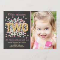 Second Birthday Invitation Girl Pink Gold Mint Two