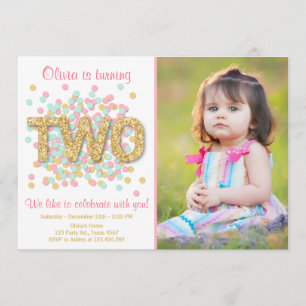 Second Birthday Invitation Girl Pink Gold Mint Two