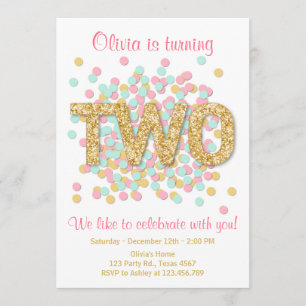 Second Birthday Invitation Girl Pink Gold Mint Two