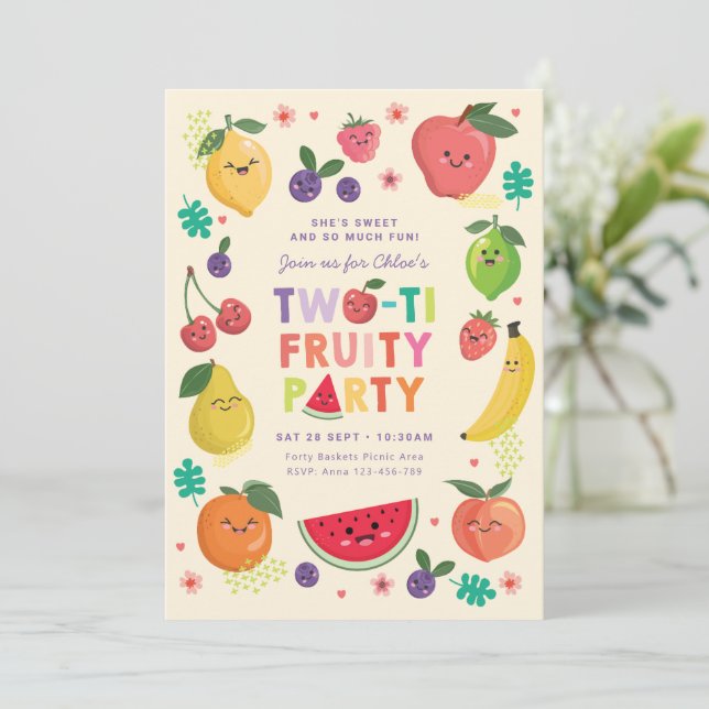 Second Birthday Invite, Two-ti Fruity Party Girl Invitation (Standing Front)