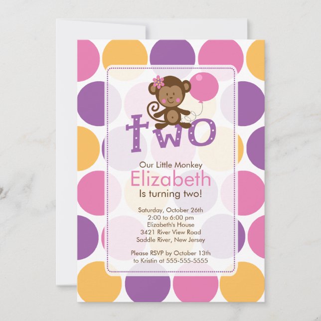 Second Birthday Little Monkey Birthday Invitation (Front)