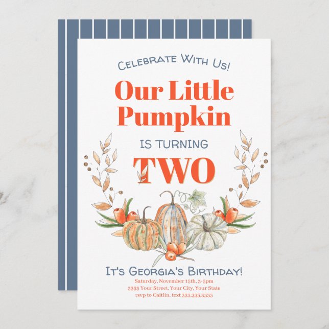 Second Birthday Our Little Pumpkin Watercolor Fall Invitation (Front/Back)