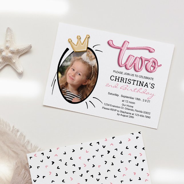 Second Birthday Party Cute Modern Princess Photo Invitation (Creator Uploaded)