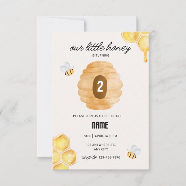 second birthday party incite, little honey bee invitation (Front)