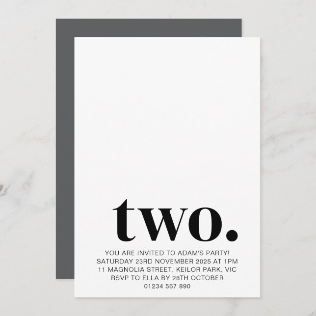 Second Birthday Photo Invitation in Grey (Front/Back)