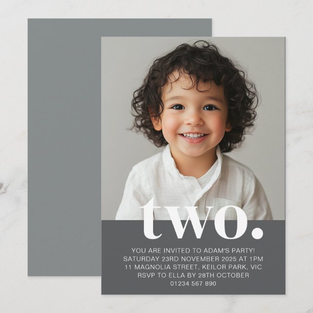 Second Birthday Photo Invitation in Grey (Front/Back)